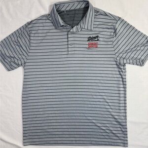 Shiner Bock Shirt Mens XL‎ Gray Striped Polo Performance Straight Shooter Golf